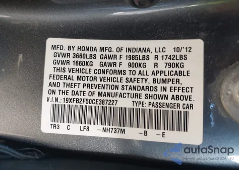 2012 Honda Civic Lx из США, поврежденный, VIN 19XFB2F50CE387227